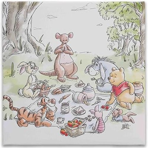 Open Road Brands Disney Winnie the Pooh Picnic Gallery Wrapped Canvas Wall Decor - Classic Winnie the Pooh Wall Art for Kids' Bedroom or Nursery
