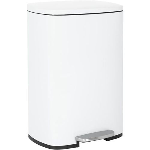 13 Gallon/50 Liter Kitchen Trash Can, Fingerprint Proof Stainless Steel Kitchen Garbage Can with Removable Inner Bucket and Hinged Lids, Step Trash Bin Pedal Rubbish Bin for Home Office,WHITE