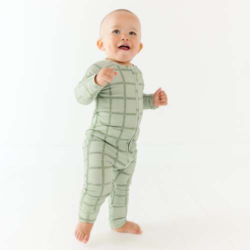 Grid Sage Green Small Ribbed Zip Romper 0-3M