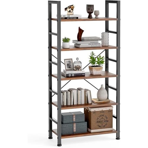 DUMOS 5 Tiers Bookshelf, Classical Modern Book Shelf, Tall Display Shelves in Living Room/Home/Office, Storage Organizer for CDs/Books/Movies, Rustic Brown