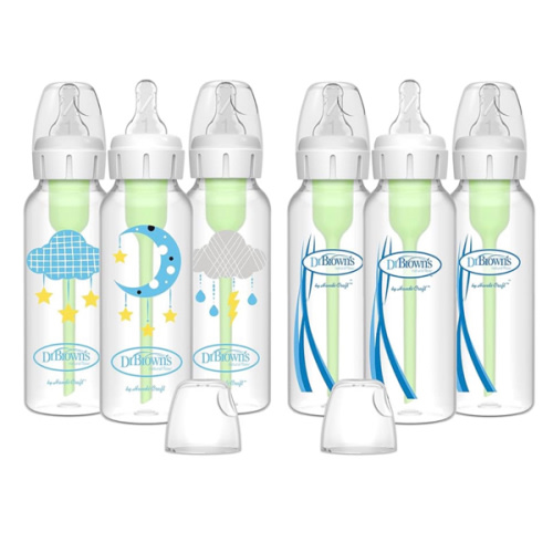 Dr. Brown’s Natural Flow® Anti-Colic Options+™ Narrow Baby Bottles 8 oz/250 mL, with Level 1 Slow Flow Nipple, 6 Pack, 0m+ Moon/Clouds Gift Set