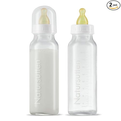 Natursutten Anti-Colic Glass Baby Bottle 2-Pack - 8 Ounce Bottles for Breastfeeding Babies - Newborn Bottles Set: Natural Rubber Slow-Flow Bottle Nipples, Seals, Valves, Baby Bottle Caps