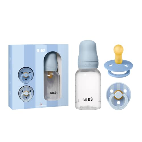 BIBS Baby Sprinkle Set, 0-6 Months, Bottle & 2 Pacifiers, Baby Blue | 150 ml Bottle | 2 Colour Pacifiers | Newborn Essentials | Gift-Ready Set | Made in Denmark