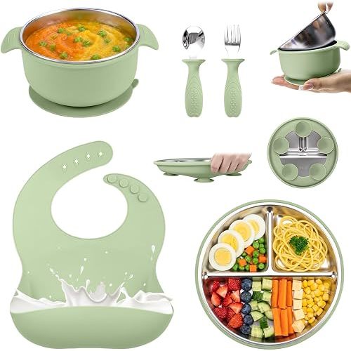 5-in-1 Stainless Steel Baby Feeding Set with Suction Plate & Spoon