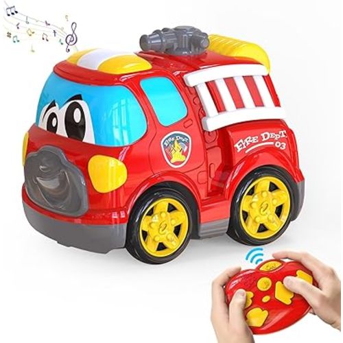 Remote Control Car, 2.4G Cartoon Emergency Vehicle, RC Fire Truck Engine Toys with Lights & Music, Birthday Gifts for Toddlers, Kids, Boys & Girls 1-5 Years Old (Red)