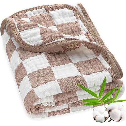 Ultra Soft Muslin Baby Blanket Neutral Versatile 6 Layers Swaddle and Bed Blanket for Babies, Toddlers, Boys or Girls Coffee Checkered 43 x 43 Inches