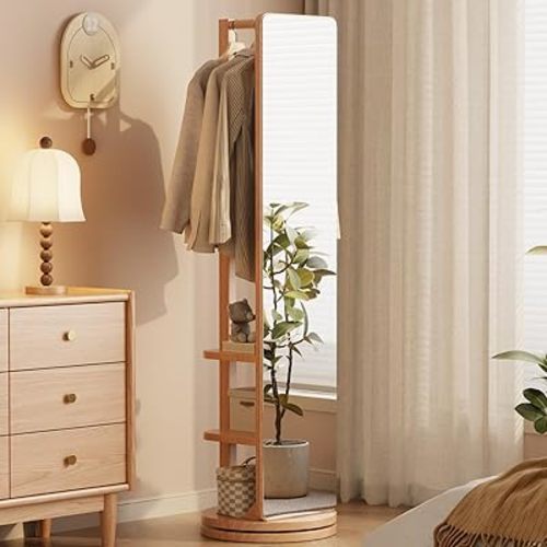 Full Length Mirror Coat Rack Solid Wood Floor Mirror 66"x12" Natural