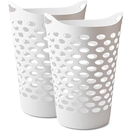 2 BUSHEL Flexible Laundry Basket,Tall plastic hamper for Clothes, Bedroom, and Storage - Portable Round Bin with Carry Handles 17.75" x 17.25" x 26", White (2)
