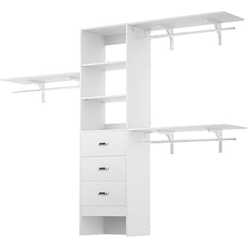 8FT Closet System, 96'' Closet Organizer System with 3 Hanging Rods, Wall Mount Bedroom Wardrobe with 3 Drawers Walk-in Closet, Adjustable Cloth Garment Rack from 5 to 8FT (Cut to Fit), White