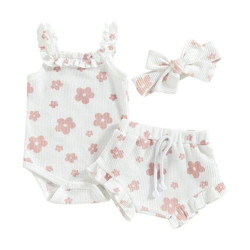 ZZUYFI Newborn Infant Baby Girl Summer Clothes Outfits Set Floral Print Romper Tops Drawstring Short Headband Clothes Set