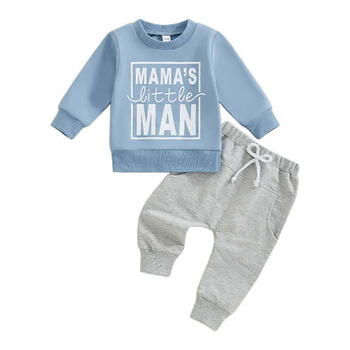 TAmten 18 Month Boy Clothes Sweatshirt Outfit Mamas Little Man Long Sleeve Shirt Jogger Pants Cute Toddler Boy Outfits(Light Blue,12-18 Months)