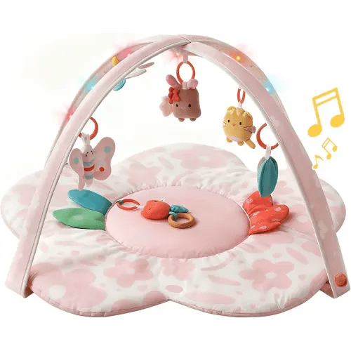 Baby Play Gym & Activity Mat with Light-up Musical Arch, Tummy Time Mat with 6 Detachable Sensory Toys for Motor Skills & Sensory Development, Baby Essentials Shower Gift - Spring Blossoms Themed