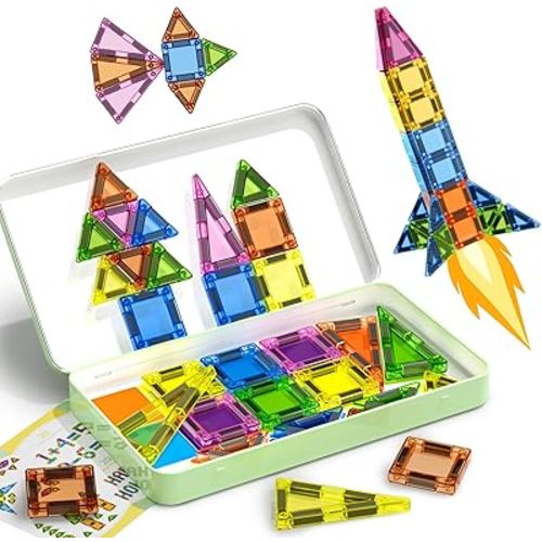 50PCS Mini Magnetic Tiles Travel Set for Kids, Portable Magnetic Building Blocks with Storage Tin, STEM Montessori Toys for Ages 3+, Toys Gifts for Toddlers Boys & Girls Christmas Birthday