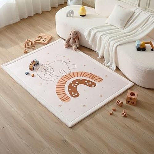 Hakuna Matte CloudSoft Baby Play Mat for Floor 47 x 67 Rainbow Elephant – Coral Velvet Memory Foam Rug for Crawling Cozy Play – Non-Slip, Water-Resistant, Easy-Care Tummy Time Mat, Playmat for Playpen