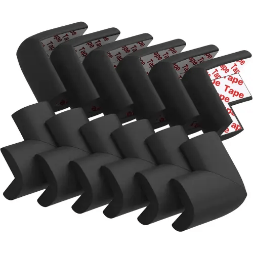 12 Pack Soft Corner Protector Baby Proofing Edge and Corner Guards, Safety Pre-Taped Rubber Foam Furniture Bumper for Fireplace, Table, Stair, Cabinet (Black)
