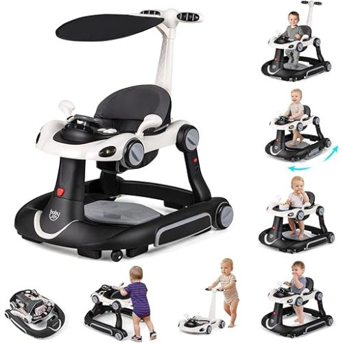 BABY JOY 7-in-1 Baby Walker, Foldable Baby Walker and Bouncer Combo with Handle, Adjustable Height & Speed, Music, Lights, Rocker/Push Mode, Baby Walker with Wheels for Boys Girls 7-18 Months (White)