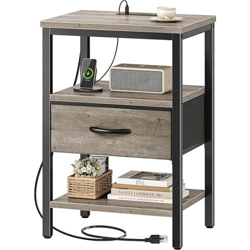 SUPERJARE Nightstand with Charging Station, Bed Side Table with Adjustable Fabric Drawer, Night Stand for Bedroom, 3-Tier Storage End Table, for Living Room, Oak