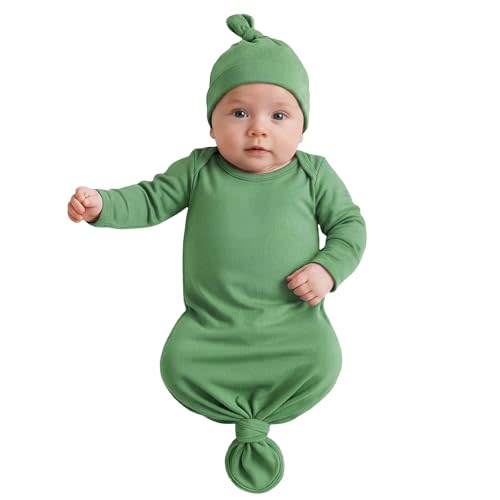 Newborn Knotted Baby Gown 0-6 Months, Super Soft Breathable Nightgowns for Babies Girl and Boy, Baby Girls Coming Home Hospital Outfit with Hat Set Green
