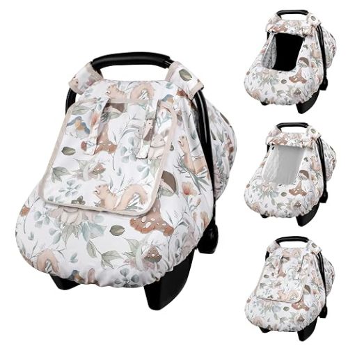 CARUILI Car Seat Cover Baby Girl Boy, Warm Winter Carseat Cover for Baby, Kick-Proof Infant Car Seat Cover with Peep Window, Windproof & Cozy, Gray Animals