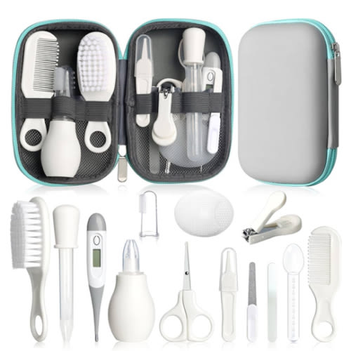 Baby Grooming Kit, Infant Safety Care Set with Hair Brush Comb Nail Clipper Nasal Aspirator,Baby Essentials Kit for Newborn Girls Boys (Grey White)