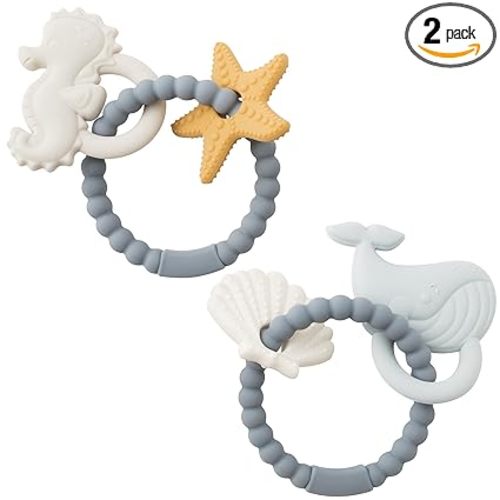 Silicone Teether Toys for Babies - 2ooya 2Pcs Summer Ocean Beach Themed Teething Ring Infant Soft Teethers, Toddler Teething Chew Toys for Newborn Boy and Girl Baby Shower Birthday Gifts