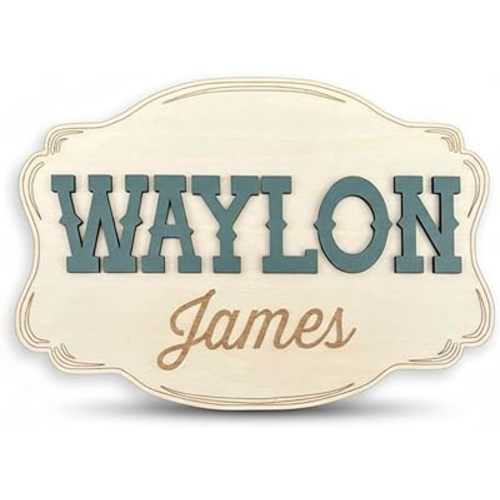 Personalized Cowboy Western Baby Announcement Sign – Custom Name Engraved Belt Buckle Shape Birth Stat Plaque, 7.5” x 5.1" Newborn Photo Prop (BUNDLE NAME + STAT SIGN)
