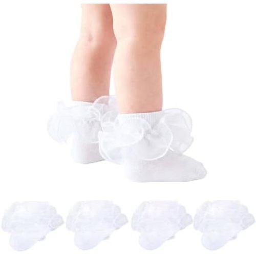 Baby Girls Ruffle Socks 2-Layer Lace Frilly Turn Cuff Fancy Dress Socks for Preemie Newborn Infant Toddler Girl Kids
