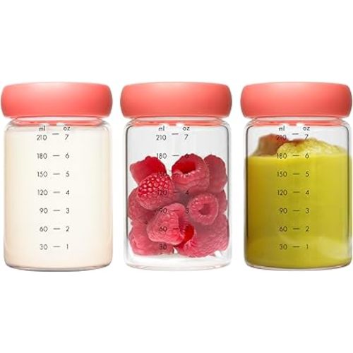 Boon Cache Glass Breastmilk Storage Bottles with Lids - Leakproof Containers for Breastmilk, Baby Food, Formula, and Snacks - Freezer and Dishwasher Safe - 7 Oz - 3 Count