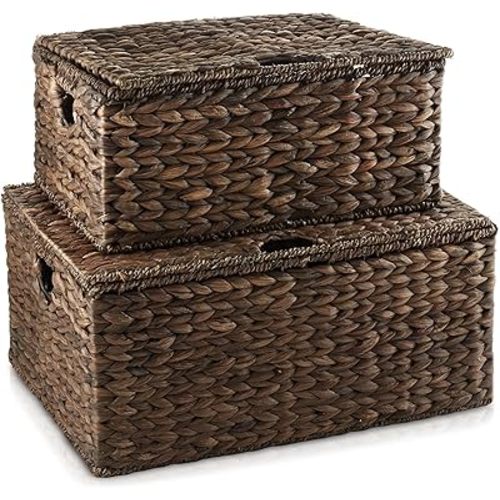 Casafield Set of 2 Water Hyacinth Rectangular Storage Baskets with Lids (Espresso - Medium/Large) for Bedroom, Bathroom, Laundry, Home Office