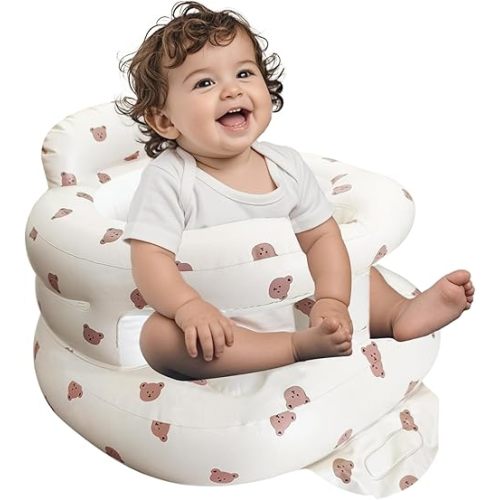 Inflatable Baby Seat for Babies 3-36 Months, Baby Chair with Fence & Built in Air Pump, Blow Up Floor Baby Seat with Back Support, Inflatable Baby Chair Sit Me Up for Home, Travel (Bear)