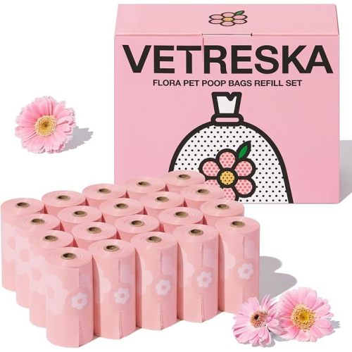 VETRESKA Dog Poop Bags with Dispenser, Lavender Scented, Guaranteed Leak Proof and Extra Thick Pet Waste Bags for Walking Dog and Cats Litter, 1 Bag Holder and 105 Bags (7 Refill Rolls)