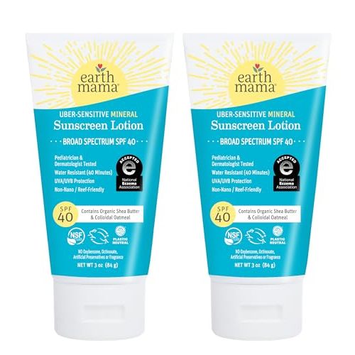 Earth Mama Uber-Sensitive Mineral Sunscreen Lotion SPF 40 | Non-Nano Zinc, Contains Organic Colloidal Oatmeal | Steroid-Free Eczema Cream for Baby, Kid & Family, 3-Ounce, 2-Pack