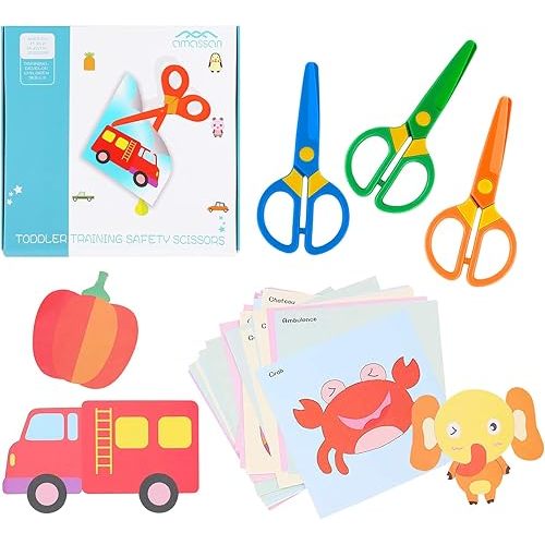 3-Pack Toddler Safety Scissors Kit - Child-Safe Preschool Training Scissors & 60 Sheets Paper Cutting | Ergonomic Blunt Tips, Early Childhood Development Tools for Kids 2-5 Years