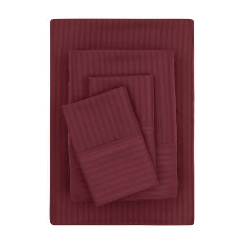 Mainstays Super Soft Brushed Microfiber Bed Sheet Set, Luscious Red Merlot Embossed Stripe, King, 4 Piece