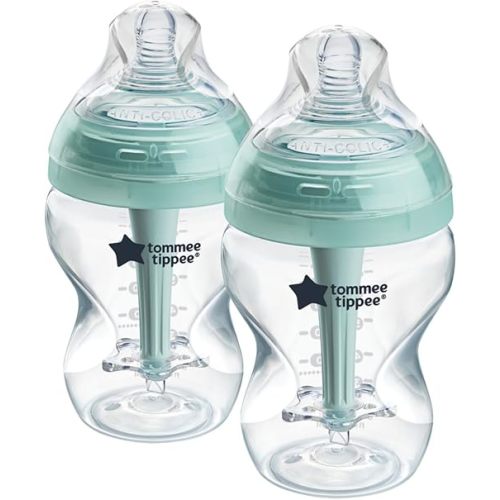 Tommee Tippee Advanced Anti-Colic 9 oz BPA Free Baby Bottles, Newborn 0+ Months, Slow Flow Breast-Like Nipple, Unique Design Keeps Air Away from Milk and Baby, Clear, Pack of 2