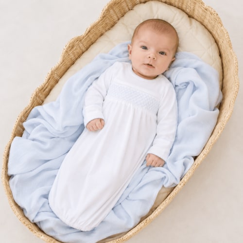 Baby Boy Hand Smocked Baby Gown - White & Blue - Peruvian Pima Cotton – Magnolia Baby - Newborn