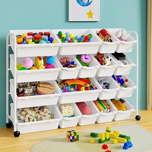 Toy Storage Organizer, Rolling Toy Organizer with 18 Storage Bins,4 Tier Large Toddler Toy Storage Rack with Wheels for Toys,Blocks and More, Playroom