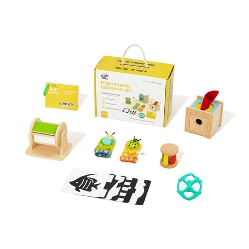 123 BABY BOX Montessori Toys for Babies 0-6 Months - 6-in-1 Educational Sensory Development Kit with Rolling Bell, Magic Tissue Box, Spinning Drum & More