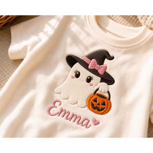 Custom Name Halloween Ghost Embroidered Romper, Personalized Baby Girl Halloween Outfit, Witch Ghost Baby Gift, Trick Or Treat Romper