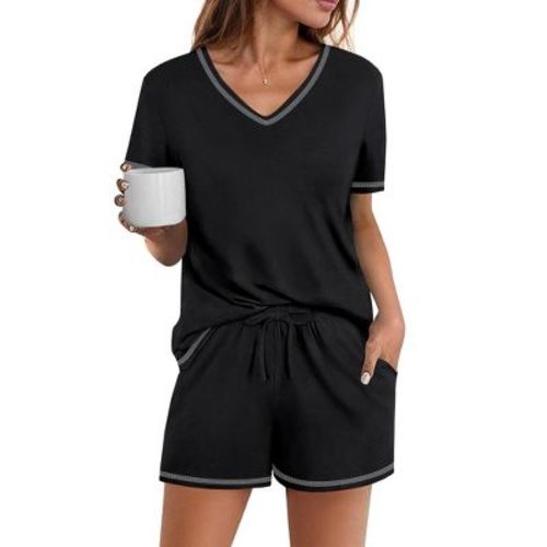 Ekouaer Womens Pajamas Sets Soft 95% Cotton Pjs Short Sleeve Lounge Sets Casual Two Piece Pjs With Pockets Black L