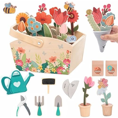 Wooden Pretend Play Toy Gardening Box-30 Pieces Wood Flower & Garden Tool Sets for Toddler 3 4 5 6 Year Old,Kids Educational Learning Toy,Girls Birthday Gift