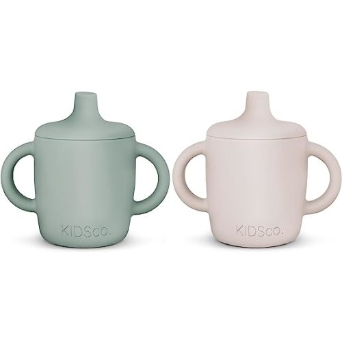 KIDSco. Silicone Sippy Cups (2 Pack) – Soft Spout & Easy Grip Handles for Babies 6+ months, Plastic Free, Toxic Free Silicone, Leak-Resistant, Dishwasher Safe (Green and Sandy Shore)