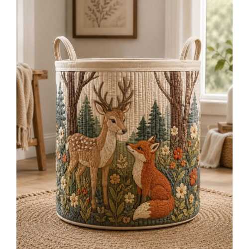 Woodland Quilted Laundry Basket, Fox Deer Storage Hamper for Kids, Cottagecore Home Decor, Forest Nursery Decor, Baby Shower Gift