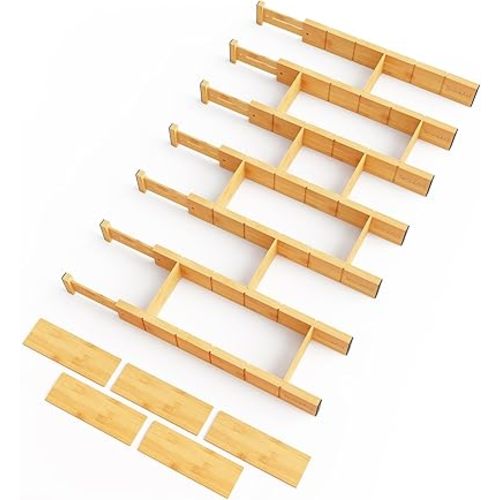 SpaceAid Bamboo Drawer Dividers with Inserts and Labels, Kitchen Adjustable Drawer Organizers, Expandable Organization for Home, Office, Dressers, 7 Dividers with 15 Inserts (17"-22" Natural)