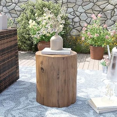 AQUILLA Rustic Stump Side Table, Brown Wood-Look End Table, Stump Accent Side Table Stool for Living Room