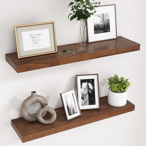 fuqing 30 Inch Floating Shelves for Wall, Rustic Wood Floating Shelves for Wall Set of 2, 30'' Long Wooden Wall Shelves for Living Room Bedroom Bathroom Home Office - Walnut