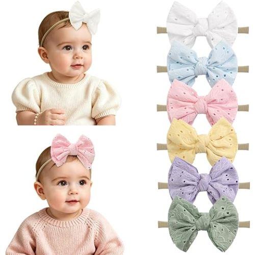 DED 6 Pcs Baby Girls Soft Nylon Headbands with Hair Bow Hairbands Elastic Hair Accessories for Newborn Infant Toddler Kids