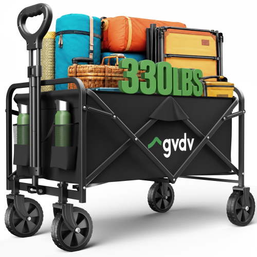 GVDV Collapsible Wagon Cart, Portable Utility Wagon for Camping, Beach, Picnic, Shopping, Sports, and Grocery Transport, Black
