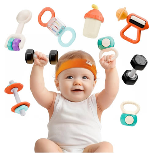 iPlay, iLearn Baby First Gym Rattle Set, Infant Dumbbell Weights Teething Rattles 3-6-12 Month, Newborn Workout Sensory Stroller Toy, Babies Birthday Shower Gift 5 7 8 9 10 Month Toddler Boy Girl-7PCS