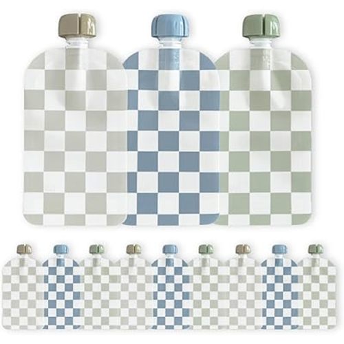 Hippypotamus Reusable Baby Food Pouches for Toddlers - BPA Free Food Grade - Dishwasher & Freezer Safe - Baby Food Containers - Refillable Squeeze Pouch for Applesauce & Yogurt - 12 Pack (Checkered)